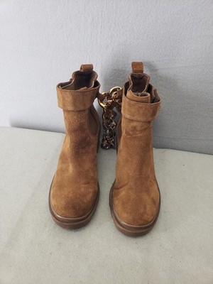 Steve Madden Boots Women 8M Brown Faux Suede Chunky Heel Gold Chain Ankle Shoes