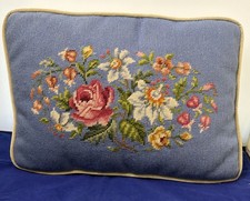 Traditional Floral Bouquet Needlepoint Pillow Hand Made 18x12 Williamsburg Blue