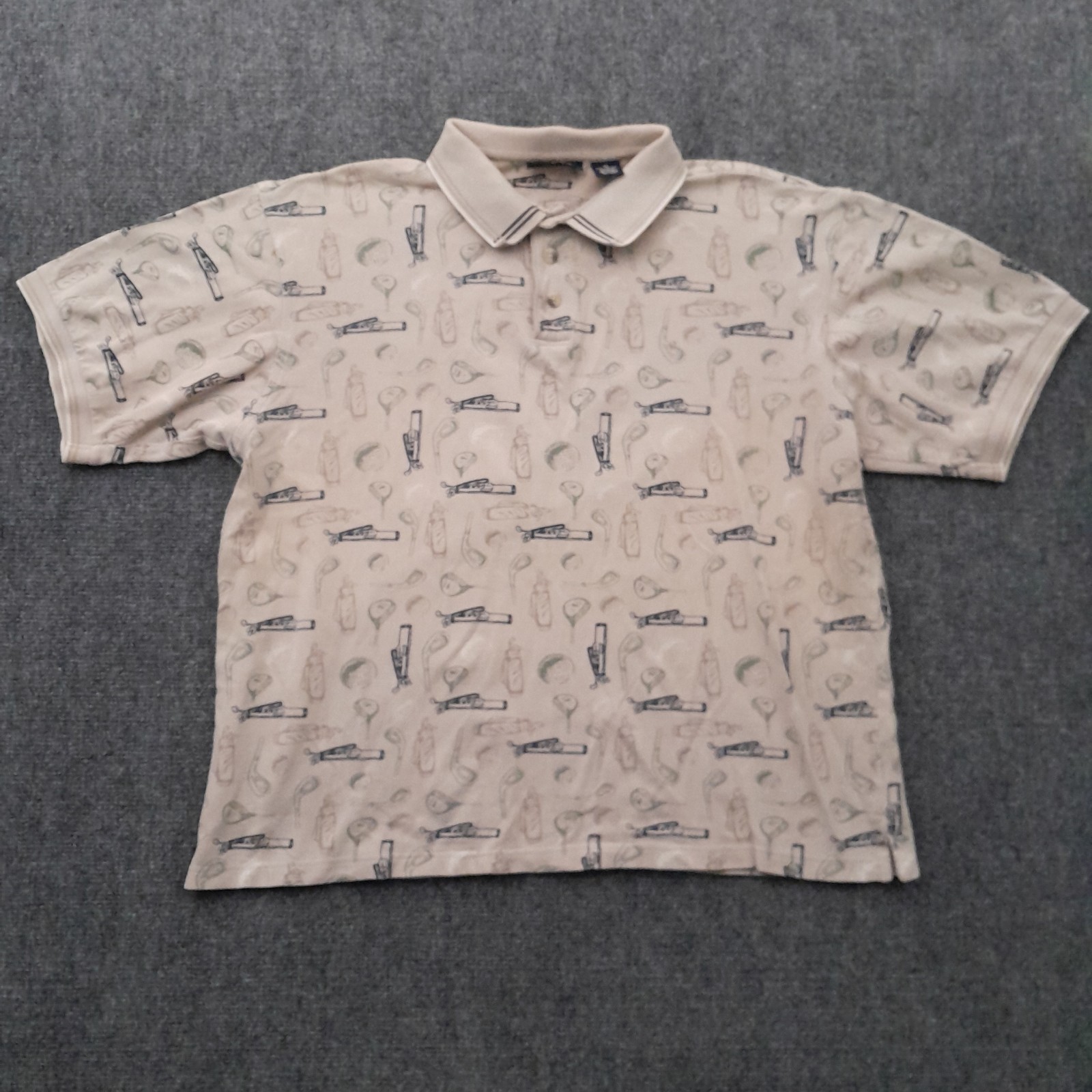 Vintage Trader Bay Golf Shirt Mens M Polo Beige Golf Clubs AOP Classic Retro Dad