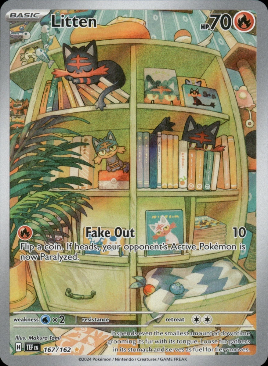 basic litten pokemon card value ME: Mega Evolution Promo #044  Ralphie's Funhouse holofoil pattern or surface detail) Litten 167/162 SV05: Temporal Forces