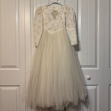 Vintage Ivory Tulle  Lace Flower Girl Dress with Rosette Back  Pearl Detail
