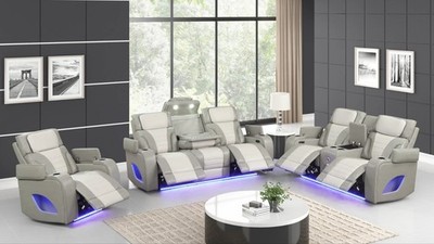 NEW Gray LED Power Recliner 3PC Sofa Loveseat Chair Set Bluetooth Speaker & USB
