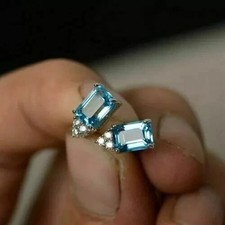 2Ct Emerald Cut Lab Created Aquamarine Women Stud Earring 14K White Gold Plated