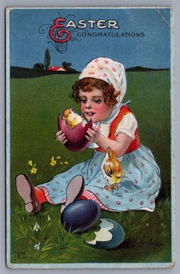 Easter Congratulations Embossed Egg Hatching Little Girl Colorful Postcard M3