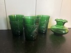 3 Vintage Anchor Hocking Emerald Green Sandwich Glass Juice Glasses 3.5” & Vase — photo 1