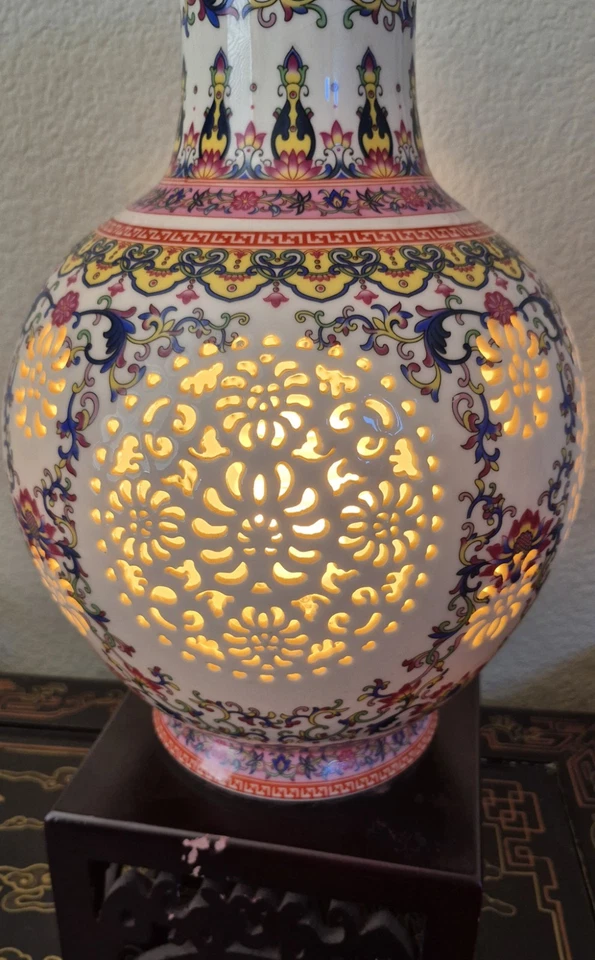Antique Large Chinese Famille Rose Reticulated Pierced Vase Lamp Rare HTF As Is - Image 2 of 4