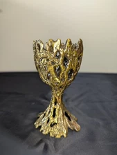 Oppenheim JUDAICA JERUSALEM BRUTALIST BRASS KIDDUSH CUP HOLDER, Damaged Glass