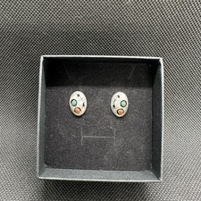 Vintage Turquoise  Coral Sterling Silver Stud Earrings Small Oval