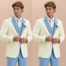 Ivory and Blue Men's Suits Formal Peak Lapel Wedding Groom Prom Coat Pant Vest
