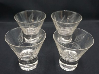 Set of Four Etched Bar Glasses Wheat Pattern Cosmopolitan Cocktail