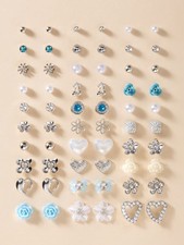 30 Pairs Multicolor Metal Stud Earrings Set With Pearl Rhinestone Heart Flower