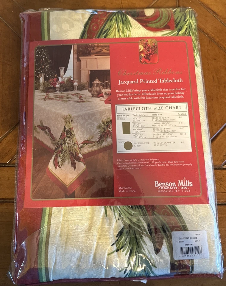 Christmas Ribbons Engineered Printed Fabric Table Cloth, Winter, Holiday 60”x84 - Image 3 of 4