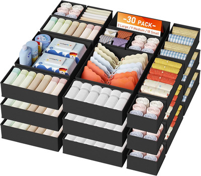 30 Pack Drawer Organizer Bins - Foldable Fabric Storage for Clothes & Socks