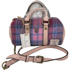 Islander Harris Tweed Wool Tartan Pink Blue Crossbody Barrel Bag Chain Strap