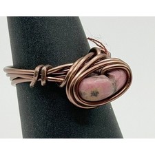 Handmade Copper Wire Wrapped Pink Stone Ring Size 6 Artisan Style