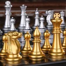 Medieval Folding Classic Chess Set Chessboard 32 Pieces Gold Silver Magnetic