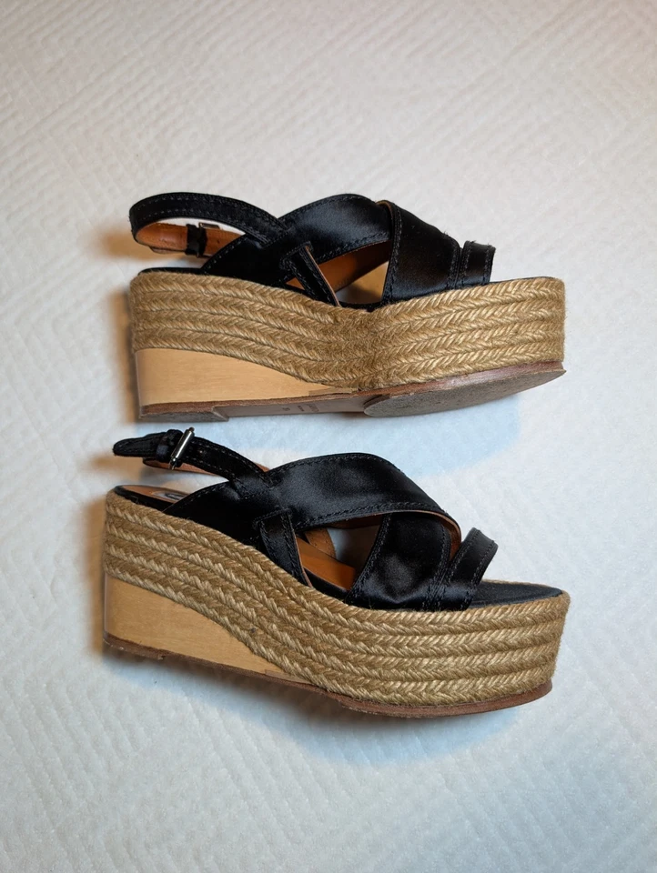 Lanvin Platform Espadrille Sandals Black Satin Jute Wedges Size 5.5 EU 35.5 - Image 3 of 4