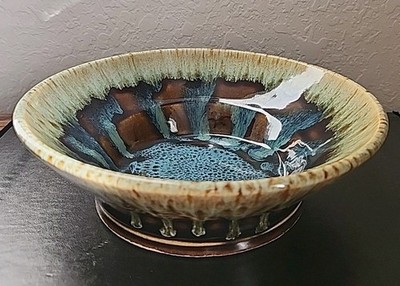 Handmade Studio Pottery Bowl Drip Glaze   Turquoise, Brown, Tan Signeed TT  9 IN