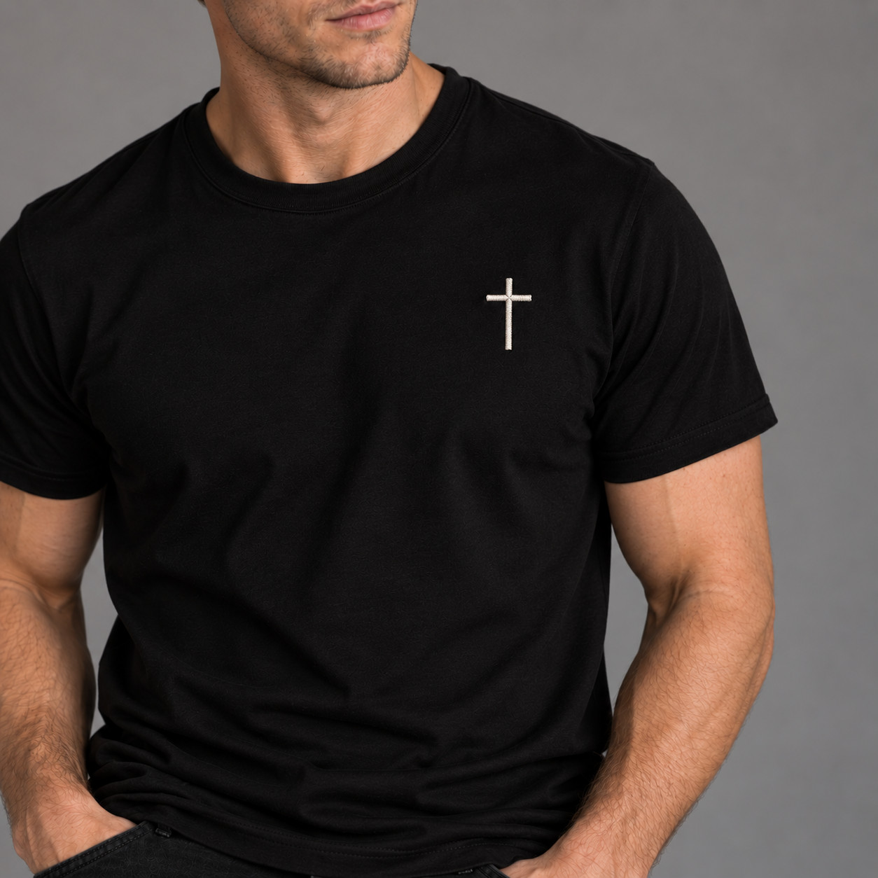 Camiseta Cruz Cristiana Negra Algodón Blanco Bordado Fe Jesús Camiseta Unisex