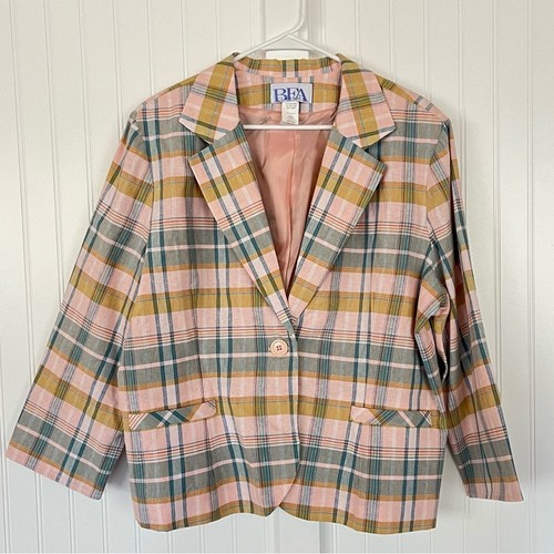 Vintage Pink Plaid Blazer Light Linen Jacket Size 20P Made in USA Preppy Classic - Picture 1 of 8