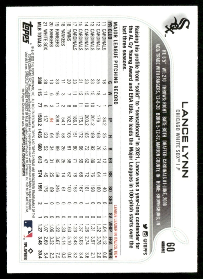 2022 TOPPS CHROME SONIC BLACK & WHITE RAYWAVE LANCE LYNN CHICAGO WHITE SOX #60 - Image 2 of 2
