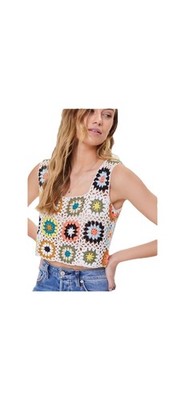 Crochet Cropped Tank Blouse Hippie Boho Style Size Small Granny Squares