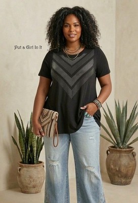 New Vocal Apparel Women's Plus Size Black Embellished Crystal Tunic Shirt 1X 2X
