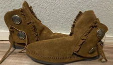 Moccasins Women’s Leather Silver Button Leather Suede Tie Close Sides Hard Sole