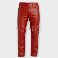 Men's Red Causal Leather Dress Up Pant In Genuine Soft Lambskin Leather Pant