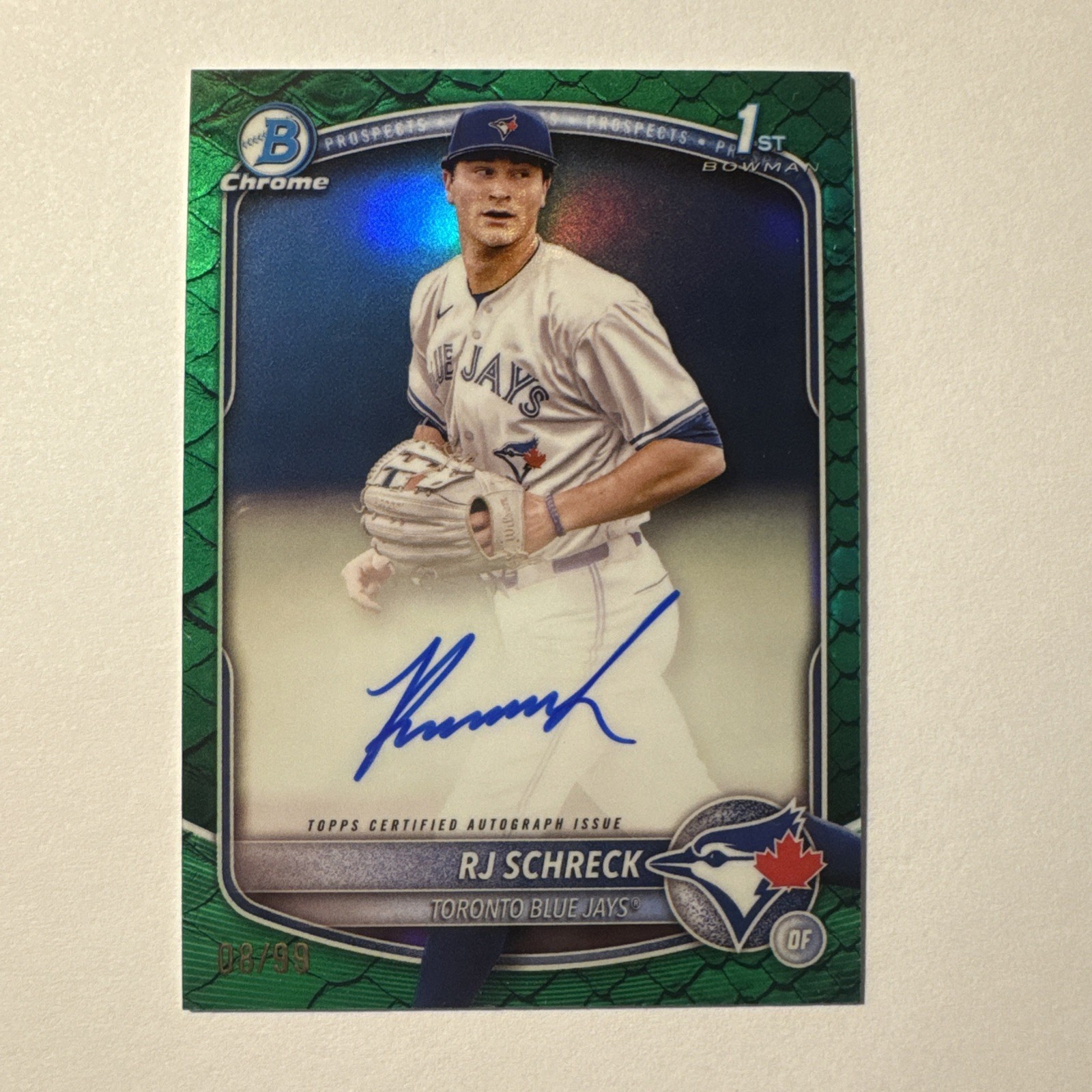 2025 Bowman Chrome RJ Schreck 1st Auto Green Reptilian Refractor /99 Blue Jays