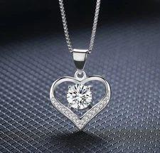 925 Sterling Silver Love Heart Cubic Zirconia CZ Pendant Necklace 16" Gift Box 