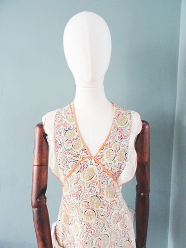 Vintage 1930s Apron Pinny Printed Paisley Full Length Frill Pinafore Ladies 30s - Picture 7 of 19