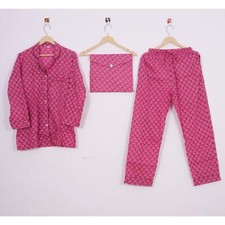 Hand Block Print Cotton PJs Suit Indian Handmade Women Night Party Dress ITW-65