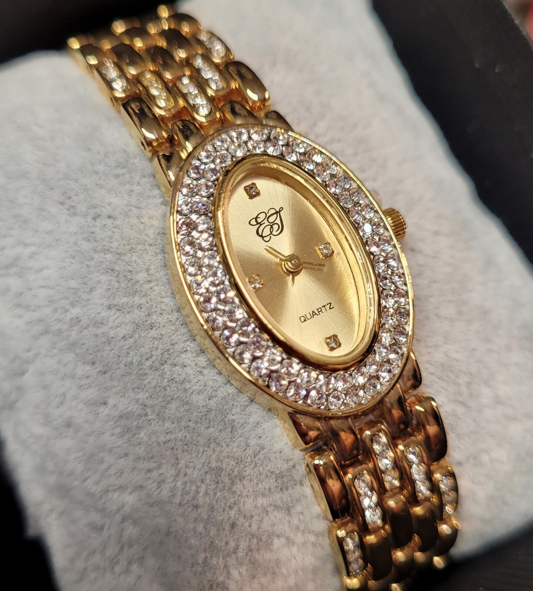 Elizabeth Taylor White Diamonds Watch Gold Toned Sparkly Band Oval