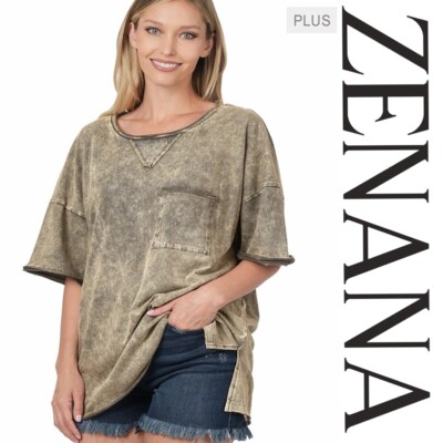PLUS 1X 2X 3X ZENANA ACID WASH FRONT POCKET RAW EDGE TOP/SHIRT/TEE