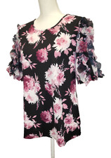 Size Medium Blouse Pink Floral Short Sleeves Ruffles Stretch Shirt Round Neck