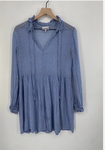 GANNI Printed Georgette Cottage core Dress EU 38 US M Forever Blue Floral - Picture 2 of 9