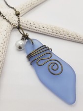 Cultured Sea Glass Necklace w X Large Periwinkle Blue Shard Bronze Wire Wrapped