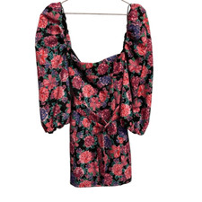 Zara Womens Floral Puff Sleeve Mini Dress Square Neck Belted Pink Black Size M