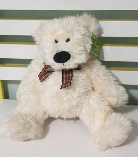 RUSS BERRIE  WALTER TEDDY BEAR WHITE WITH PLAID BOW 35CM GOLDEN GLOW PROMO