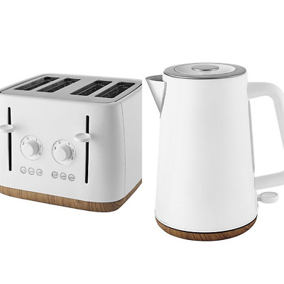 Mattweißer Scandi 4-Scheiben-Toaster, mattweißer Scandi Wasserkocher 1,7 l (Holzoptik)