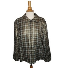 Chico's Tweed Houndstooth Plaid Metallic Zip Front Jacket Pockets Size 2 Medium