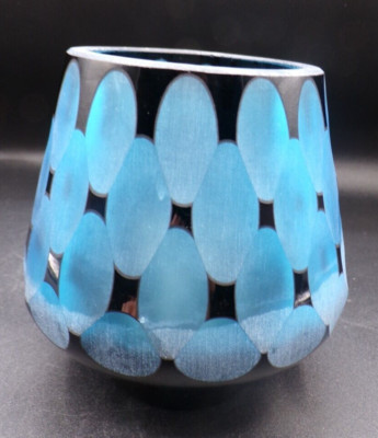 Cobalt blue diamond shape heavy Cut To light- Art Glass Candle Holder Vase 4.5 