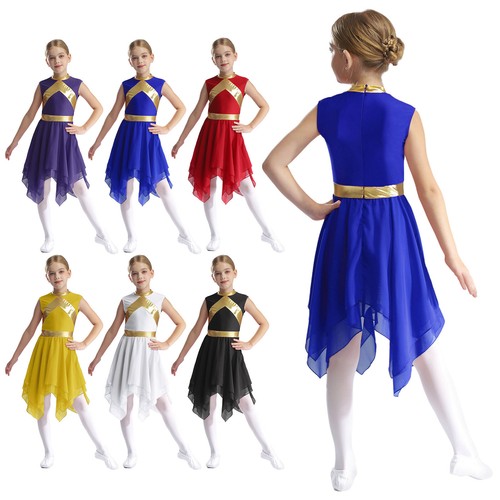 Kids Girls Metallic Gold Asymmetrical Worship Dress Lyrical Praise Dance AU - Picture 3 of 80