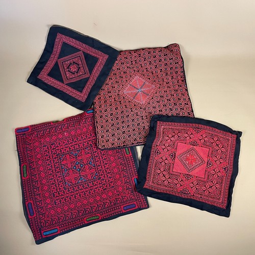 Four Vintage Middle-Eastern Cushion Covers Hand Stitched Red Fabric Parchments - Picture 2 of 21