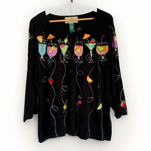 Design Options Women Embroidered Happy Hour Cardigan XL Martini Wine Glasses