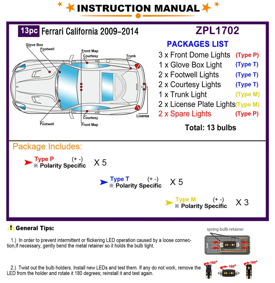 Kit de luces interiores LED para Ferrari California 2009-2014 bombillas domo blancas Foto 2 de 4