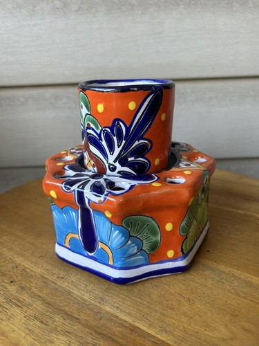 Talavera Orange Floral Toothbrush Holder With Tumbler Mexican Art Pottery Set