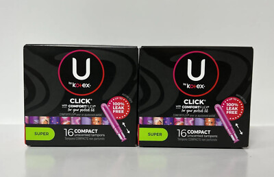 (2) U By Kotex Click Compact Tampons-Super Absorbency-Unscented-16ct. Each