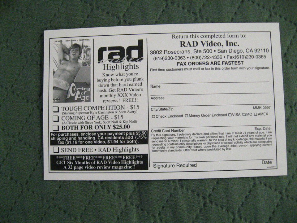 Kyle Carrington Gay Porn Star 1997 Mail Order Card RAD Video Scott